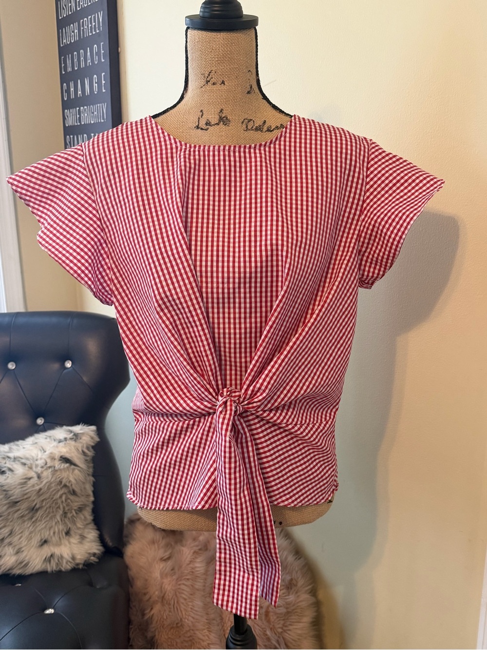 Roommates Red and White Gingham Tie-Front Blouse